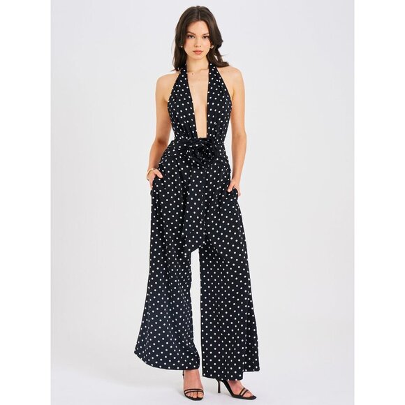 Oriana Black Polka Dots Halter Jumpsuit - Picture 8 of 16
